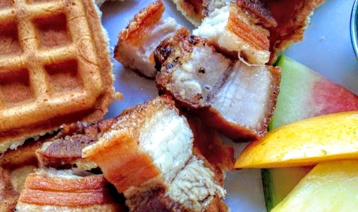 On the brunch menu: lechon kawali with coconut waffles